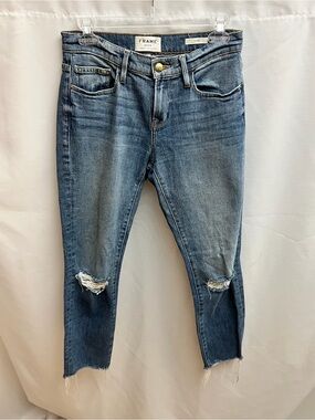 FRAME Le Boy Jeans Women’s 26 Blue Distressed Raw Hem Straight Denim